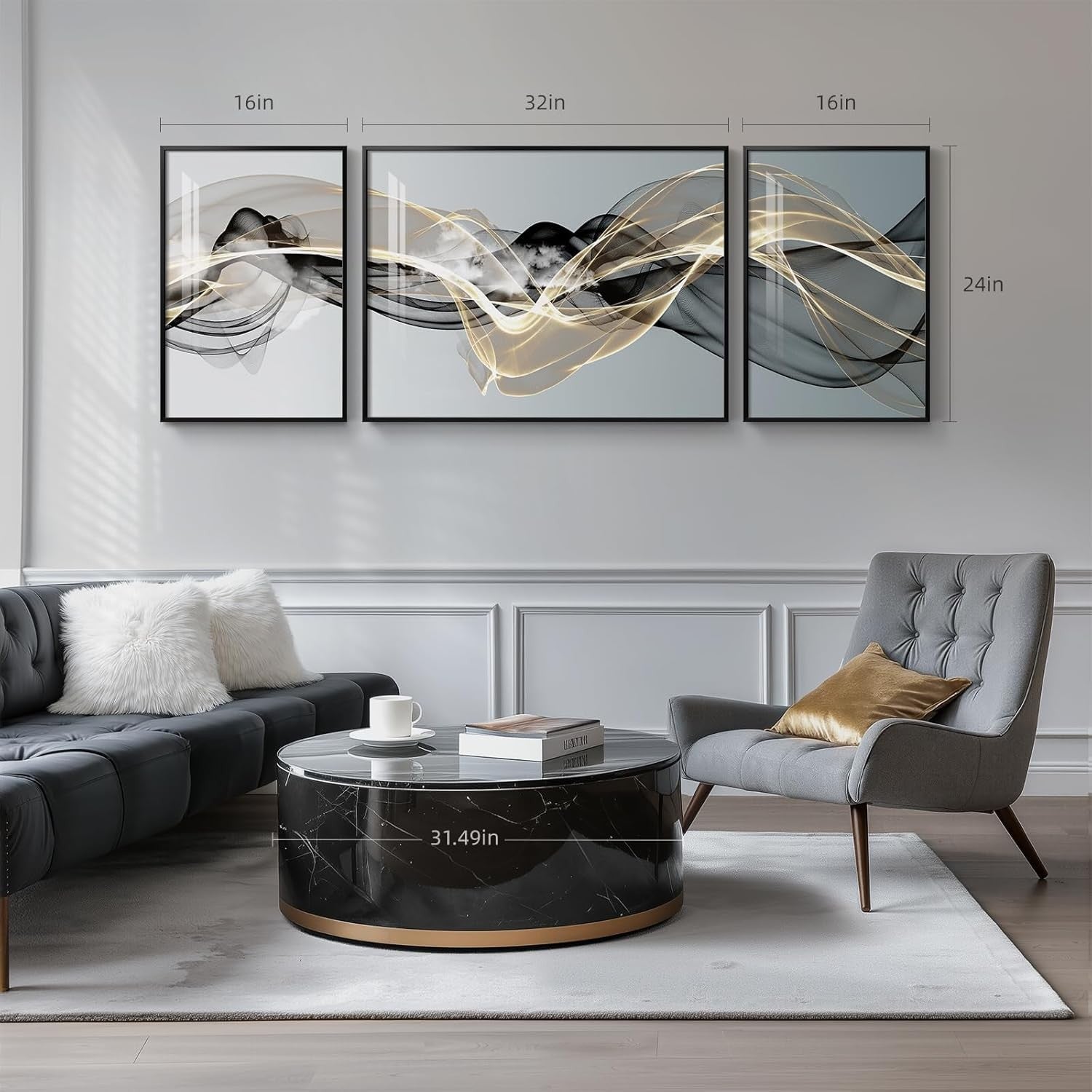 Large Abstract Wall Art Set 3 Piece Framed Modern Luxury Black Gold Prints