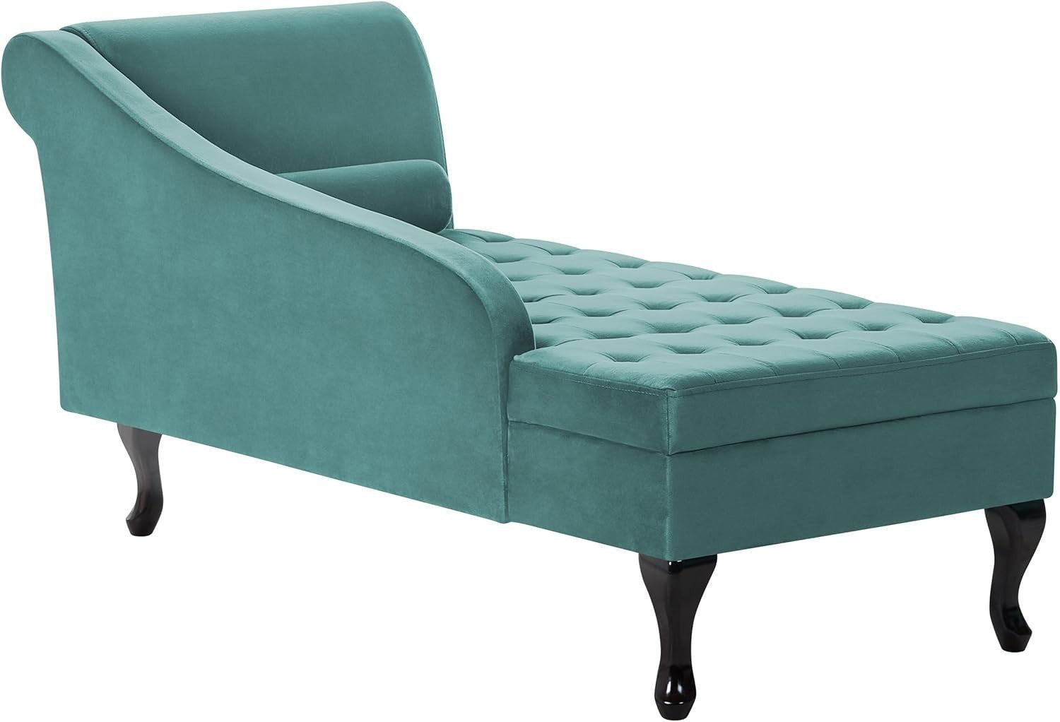 Velvet Right Hand Chaise Lounge with Storage & Cushion, Black Legs, Teal