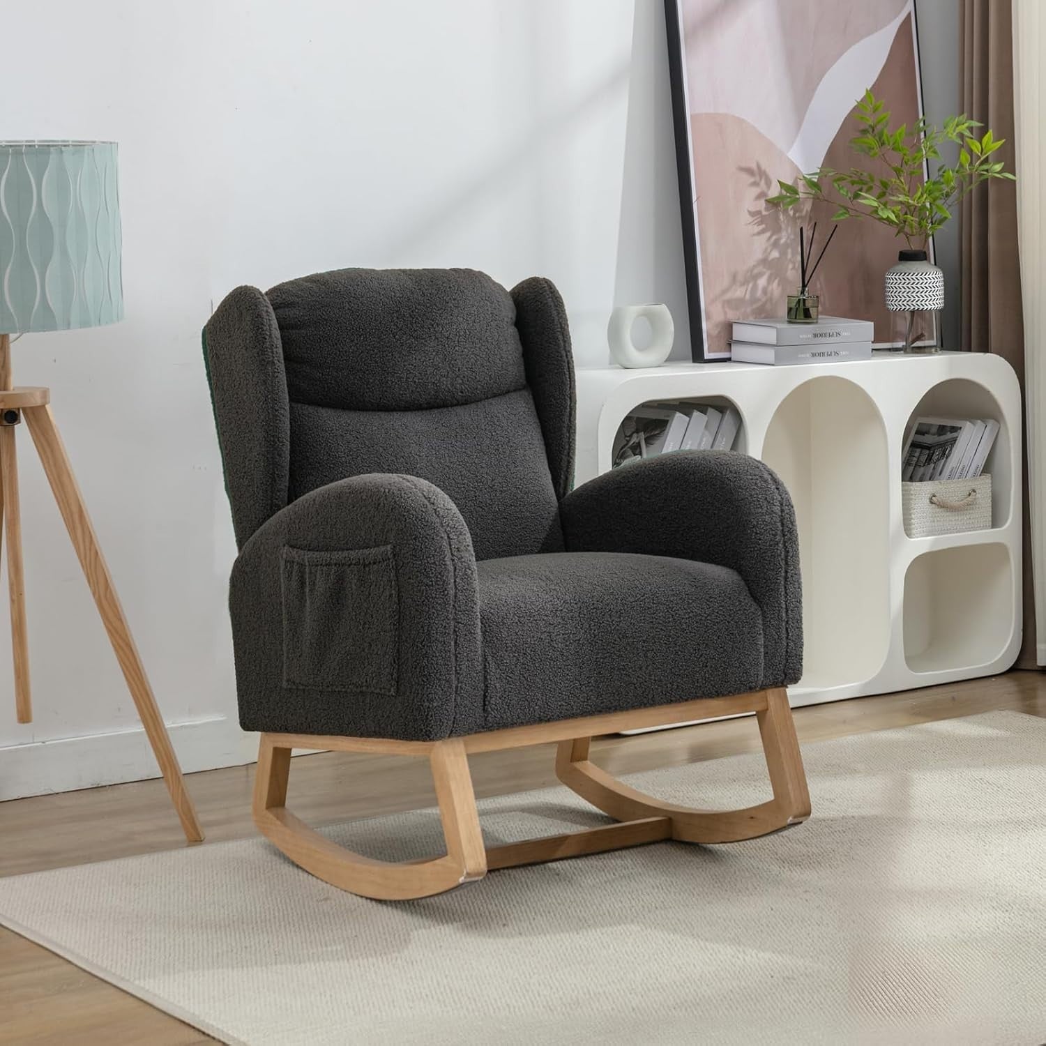 Teddy Rocking Chair Nursing Recliner Armchair Wing Back Faux Fur Grey