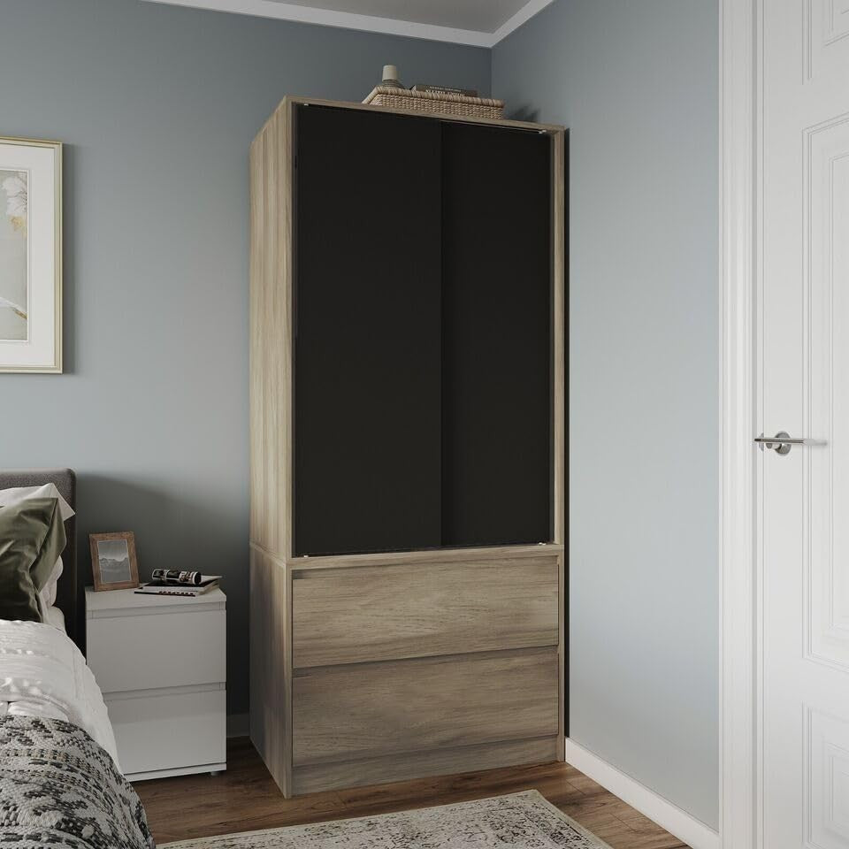 Modern 2-Door 2-Drawer Sliding Wardrobe with Hanging Rail & Adjustable Feet