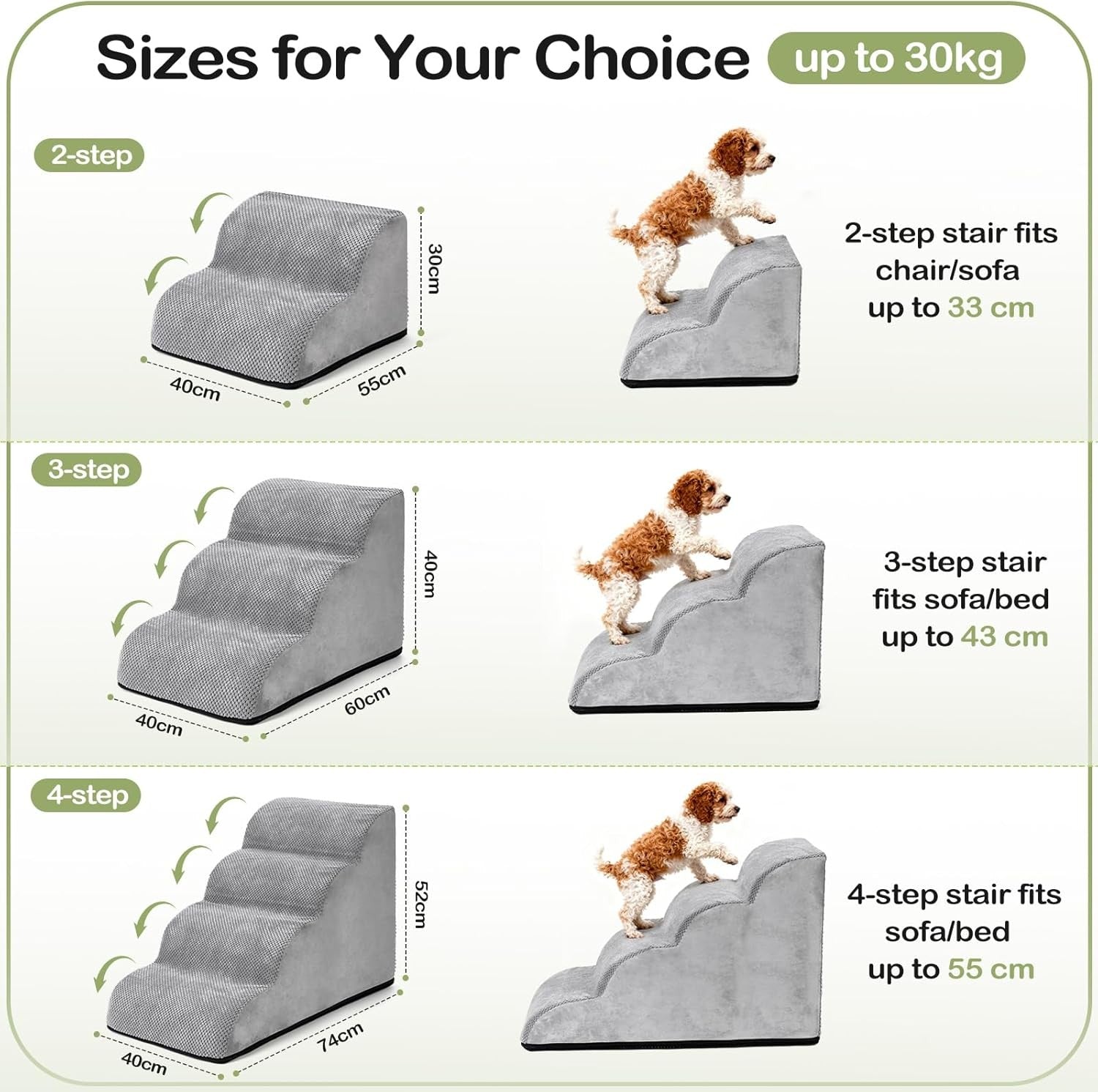 Grey 3 Step Dog Stairs Waterproof Foam Pet Ramp 60x40x40cm