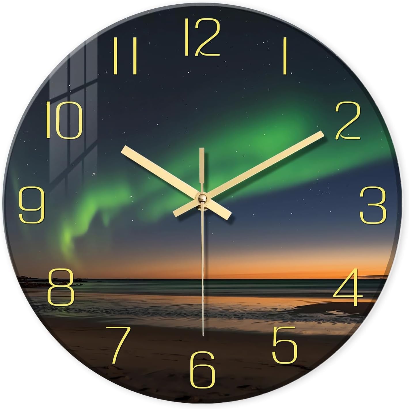 Aurora Wall Clock 12" Glass Silent Non-Ticking Modern Green Gold Home Decor