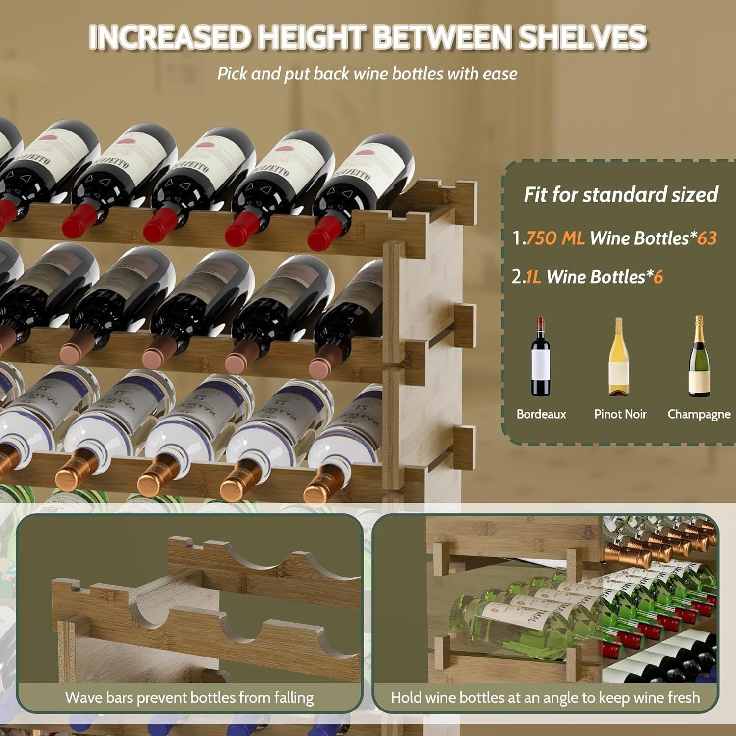 69 Bottle Wine Rack Floor Standing Bamboo 8-Tier Stackable Storage Shelf Walnut