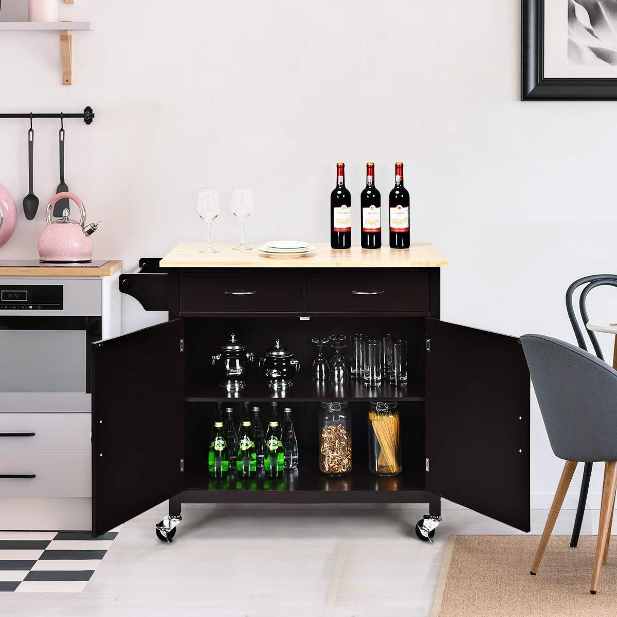 Kitchen Island Trolley Rolling Storage Cart Wooden Worktop Drawers on Wheels