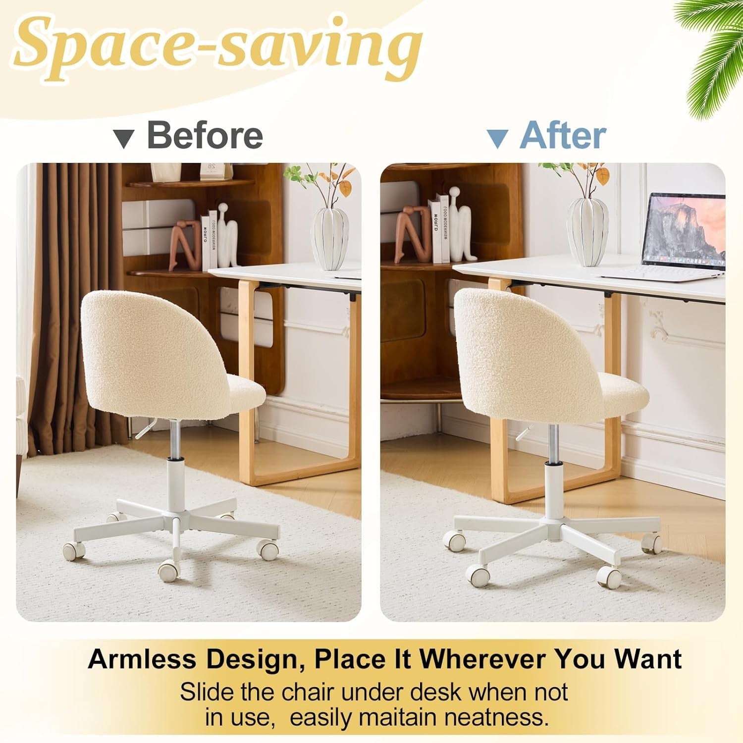 Cream Beige Armless Swivel Desk Chair – Teddy Fleece, Adjustable Height & Wheels