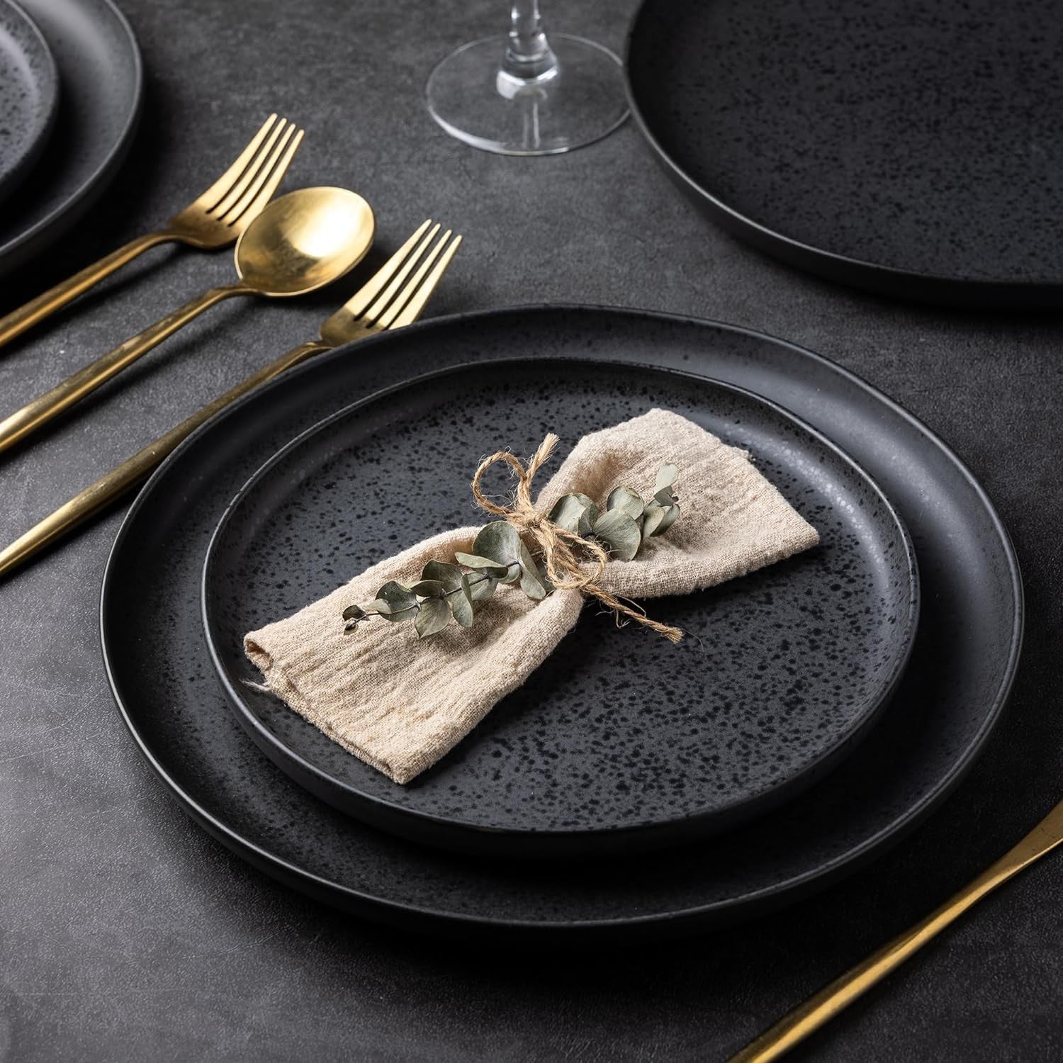 12pc Stoneware Dinner Set Matte Black Speckled Plates Bowls Service for 4
