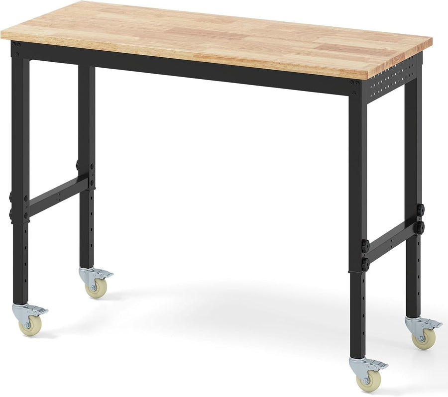 Height Adjustable Workbench 122x51cm Rolling Table 4-Level Rubberwood Top