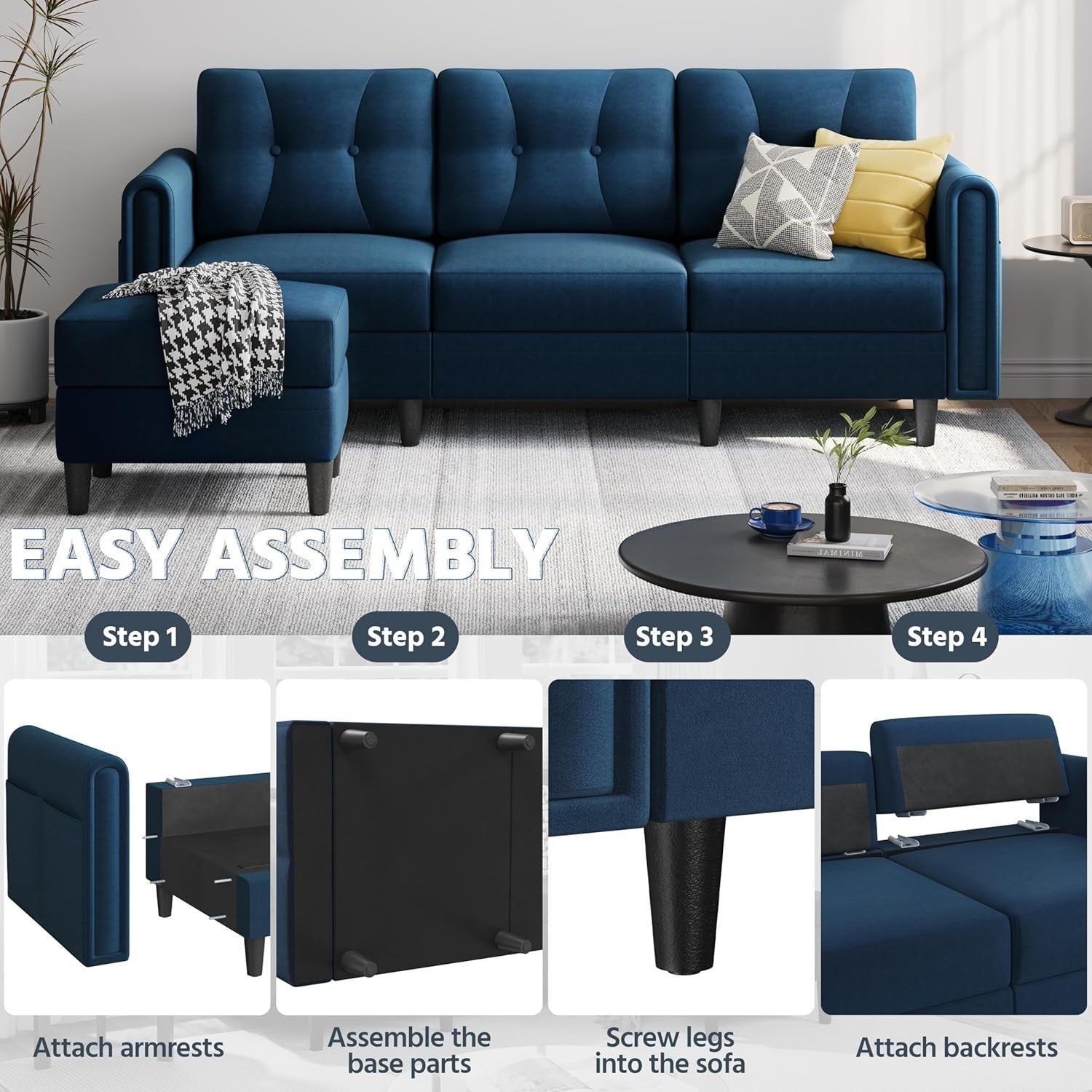 Velvet L-Shaped Corner Sofa with Ottoman 3-Seater Chaise for Small Spaces