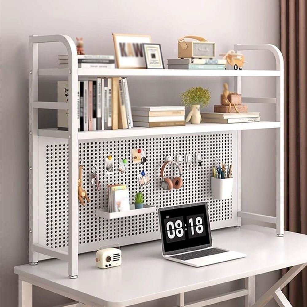 2-Tier Desktop Bookshelf Monitor Stand w/ Punchboard | White Metal Shelf 75cm