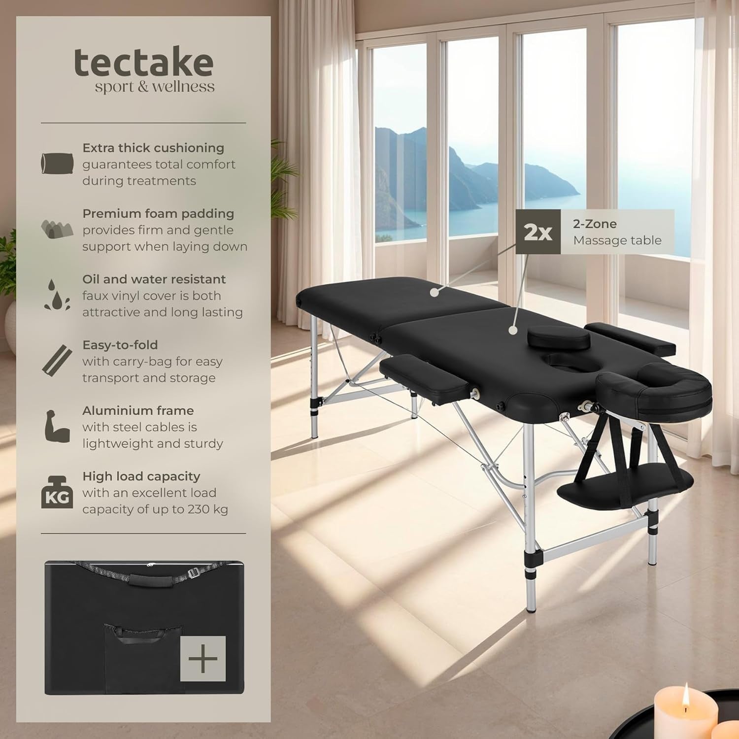 Portable 2 Section Massage Table Foldable Spa Beauty Bed 60cm Adjustable Black