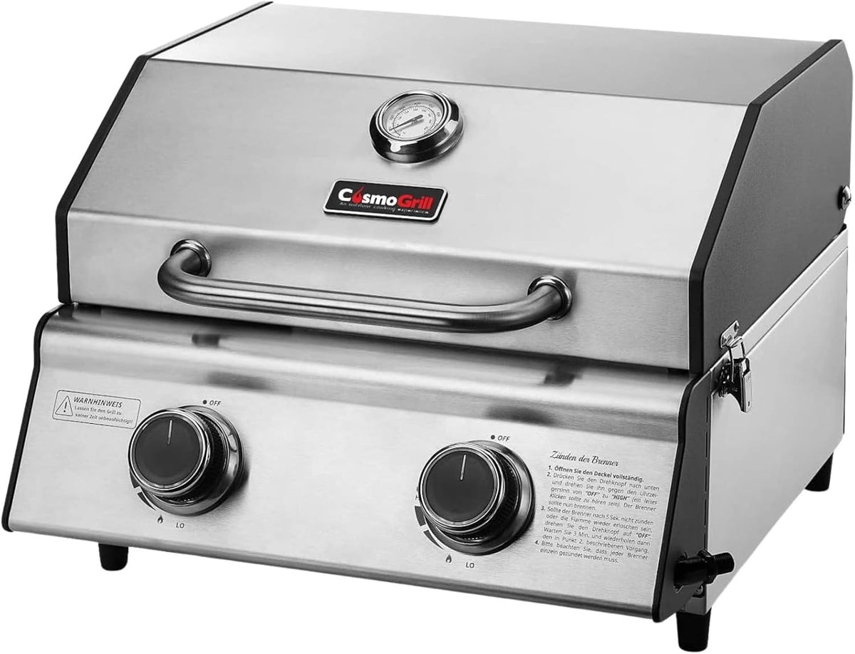 Stainless Steel 2 Burner Gas BBQ – Compact Tabletop Grill with Thermometer