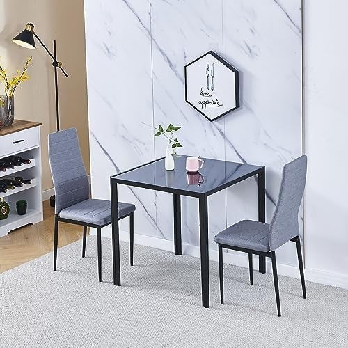 Square Glass Dining Table Set 75x75x75cm Linen Grey Chairs 2-Seater