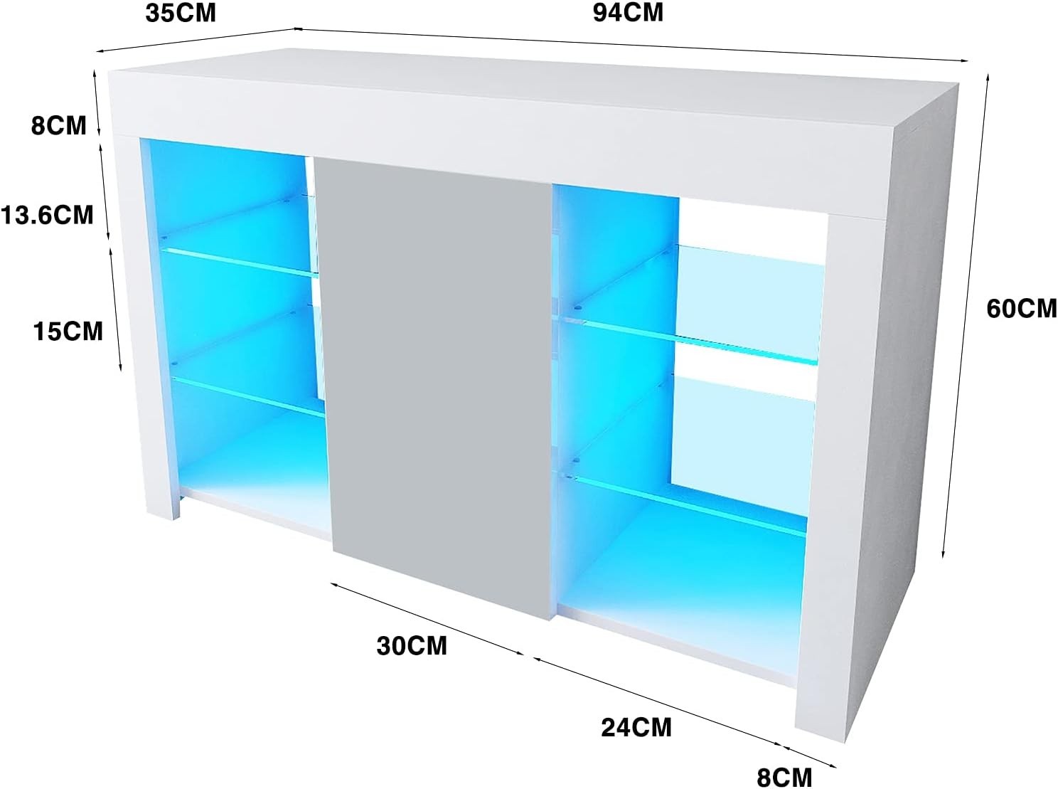 Modern White Gloss Sideboard Storage Cabinet with LED Lights & Glass Shelves