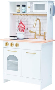 Wooden Kids Play Kitchen Farmhouse Sink Oven Microwave White Gold