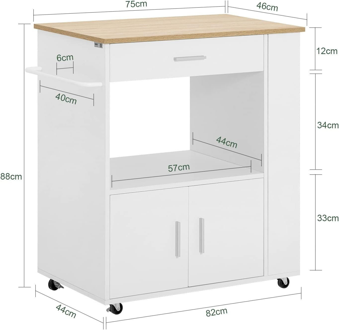 Compact Kitchen Island Trolley Cart White | Wheels, Cupboard, Drawer 82cm
