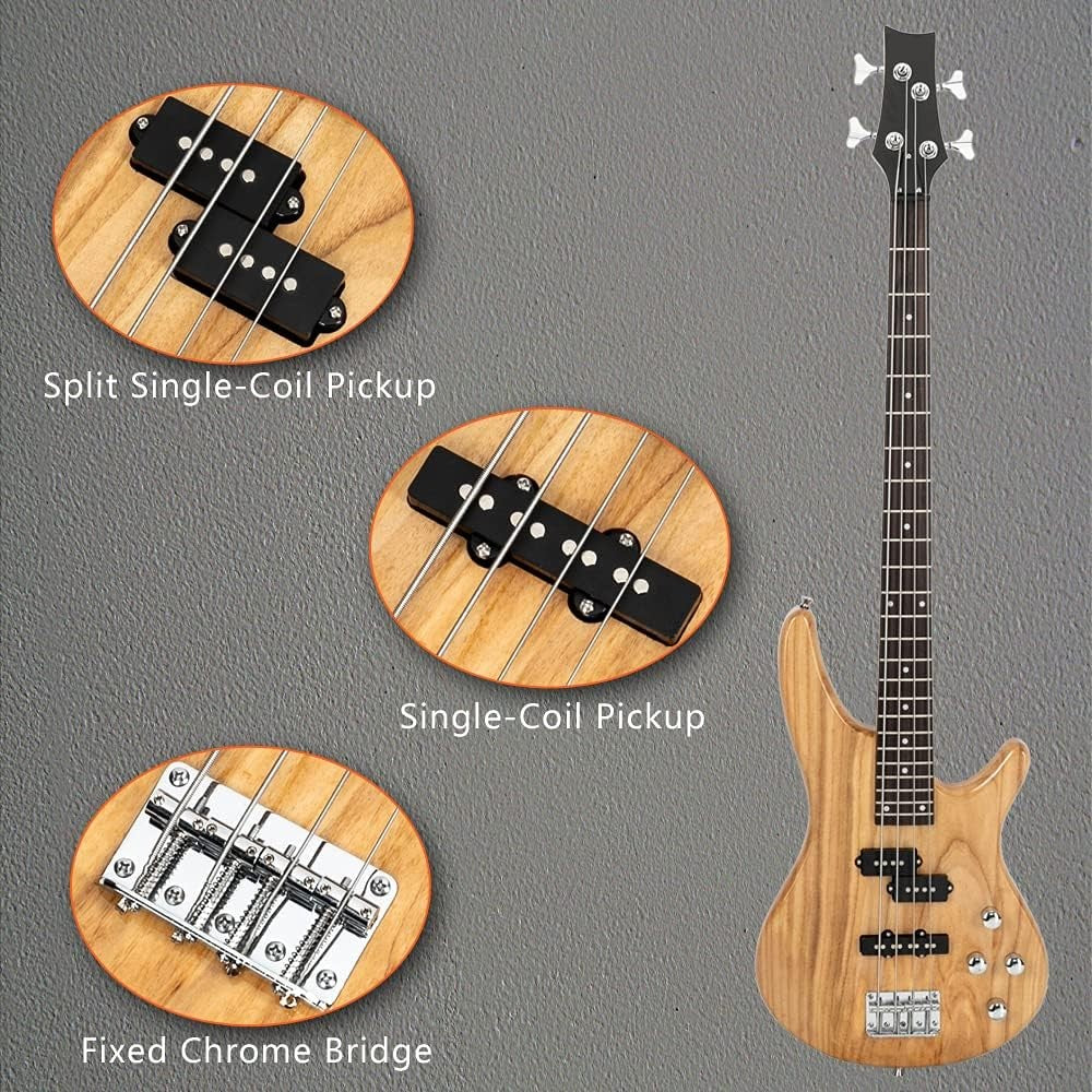 Full Size 4 String Electric Bass Guitar Beginner Kit Natural Wood