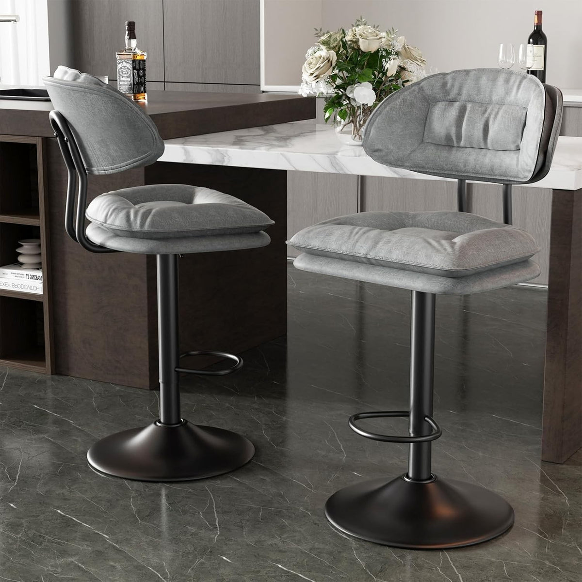 Adjustable Swivel Bar Stools Set of 2 | Grey Fabric Counter Height