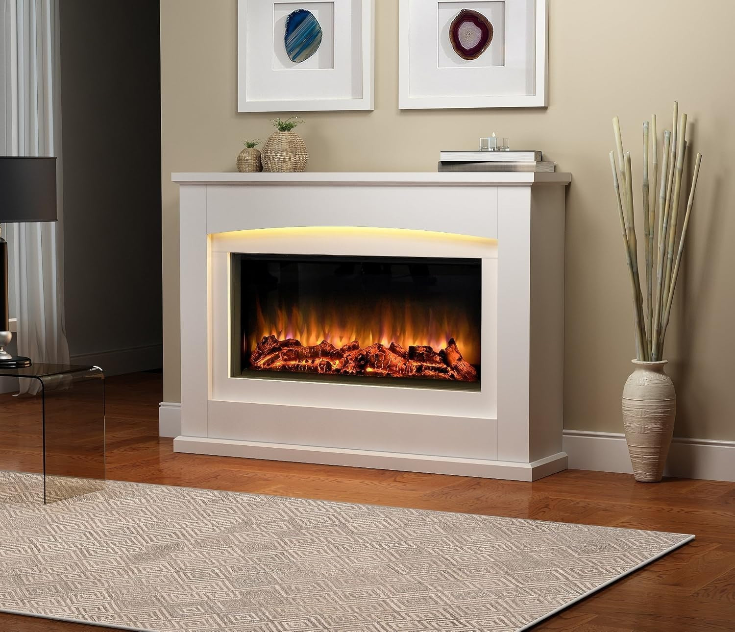 48" Electric Fireplace Suite LED Flame Fire Remote 2kW Heater White MDF