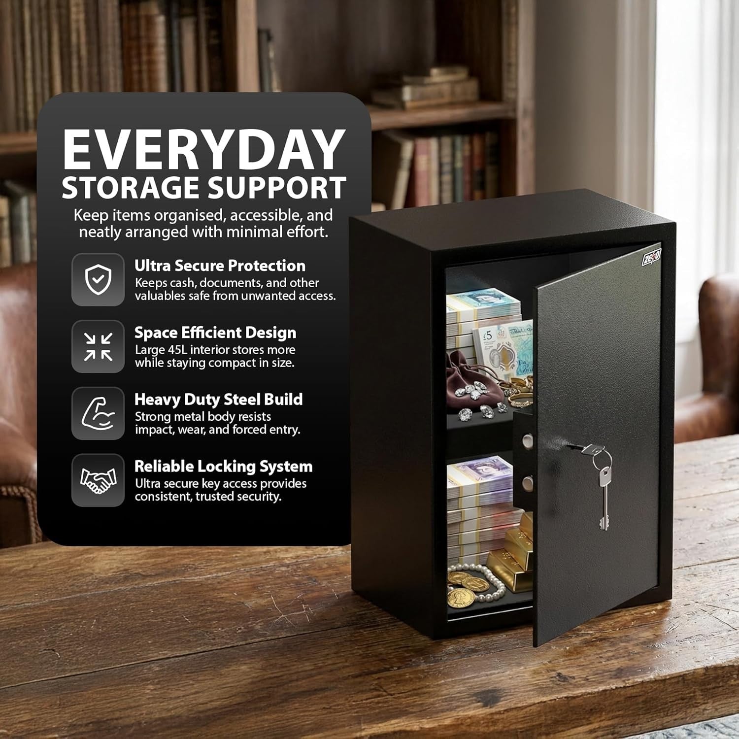 45L Fireproof Safe Box Large Security Cabinet Key Lock Cash Storage