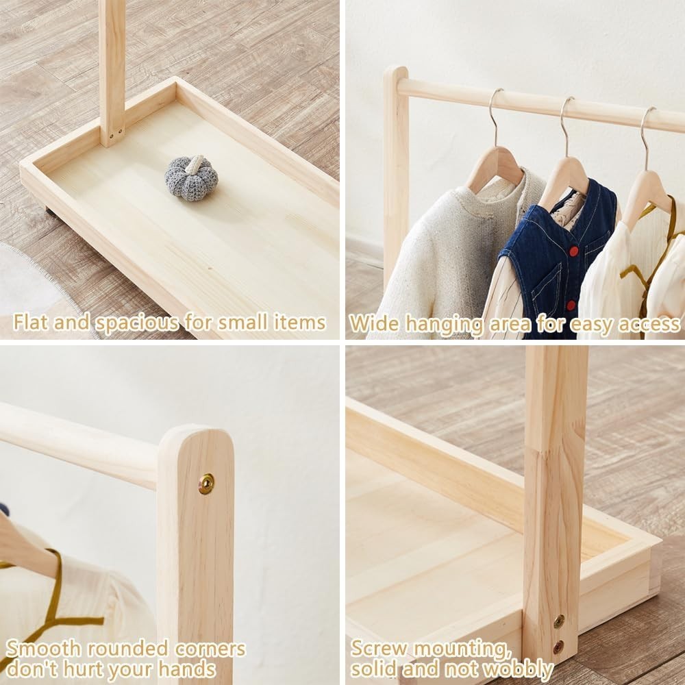 Wooden Kids Clothes Rack Toddler Dress Up Stand Natural