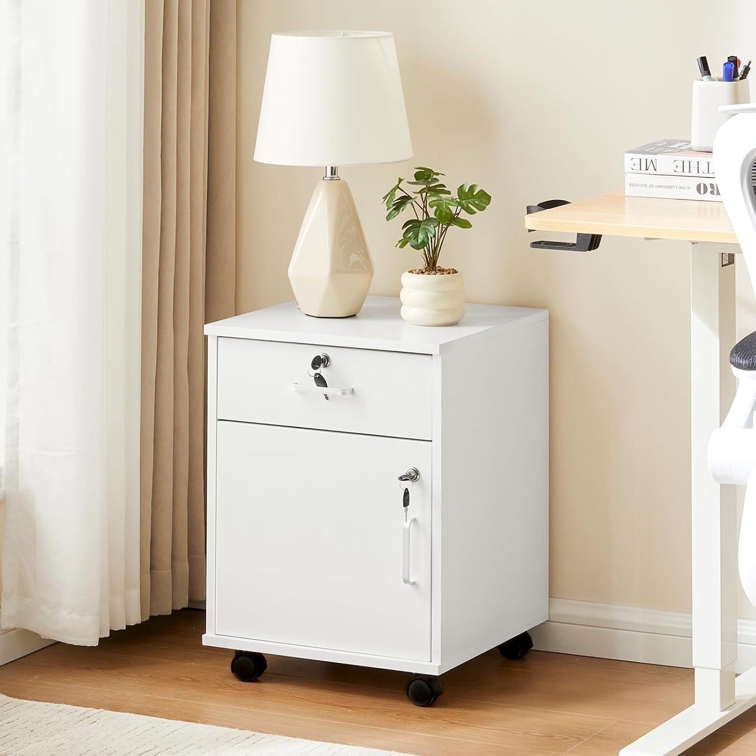 White Mobile File Cabinet 40cm Lockable Under Desk Office Storage