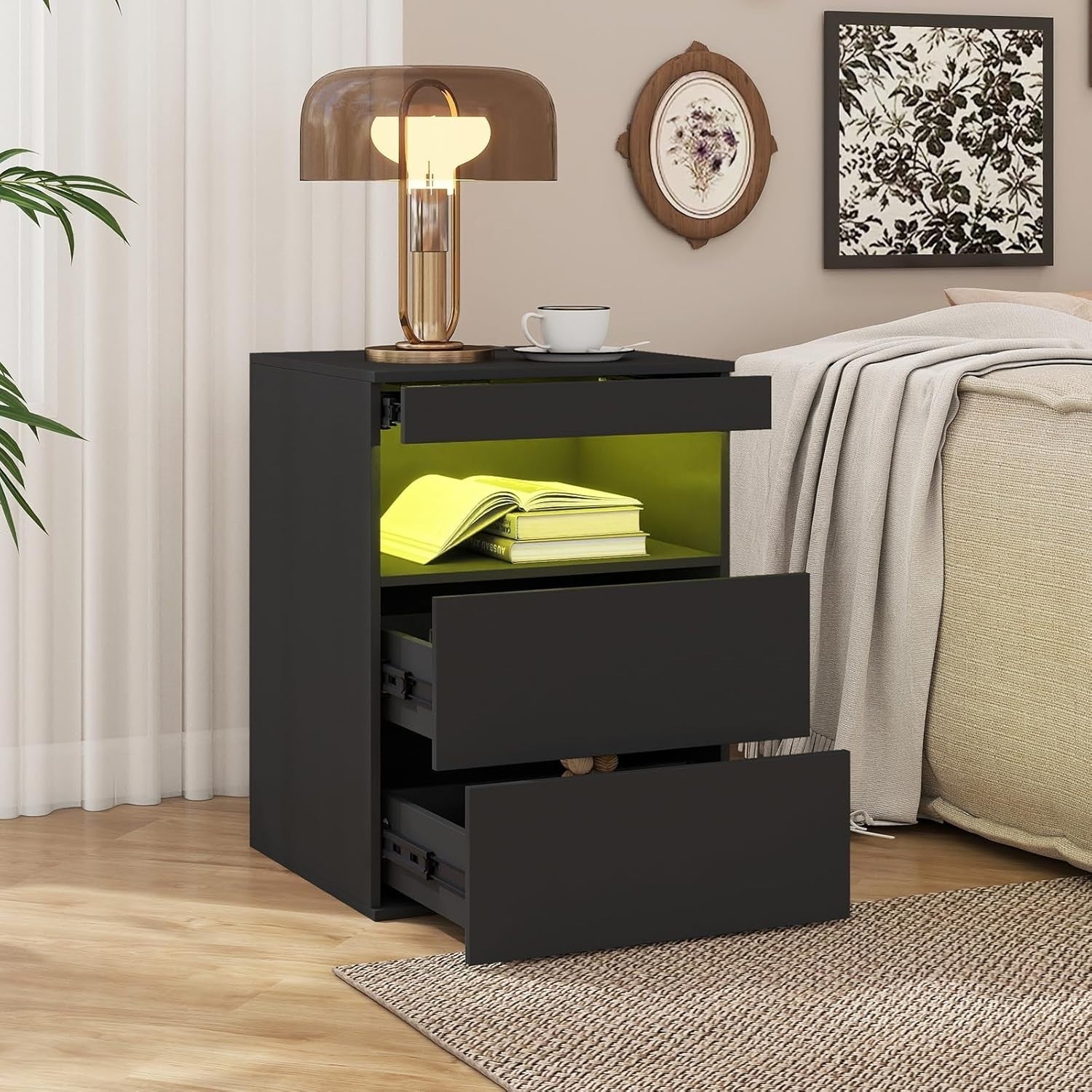 Modern Black LED Bedside Table with Drawers & USB Charging Station