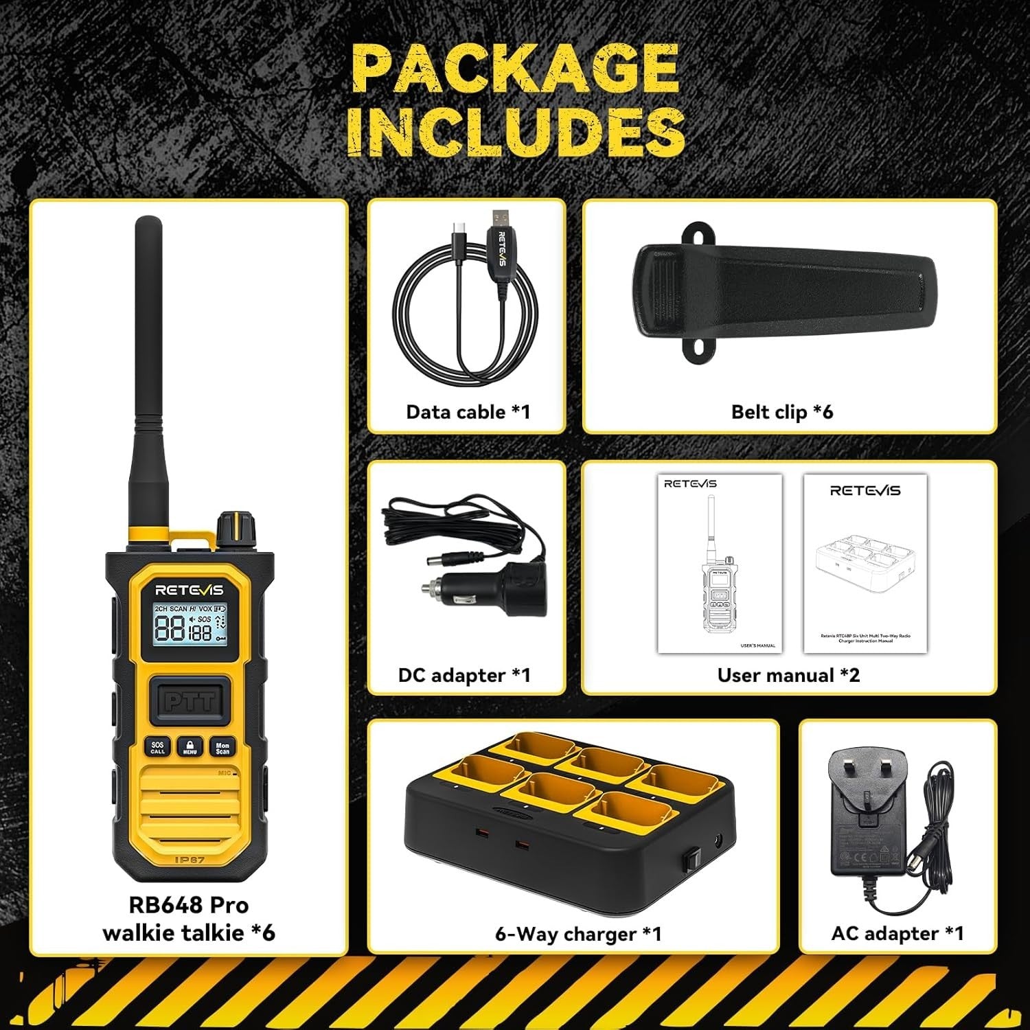IP67 Waterproof Walkie Talkies 6 Pack Long Range Noise Reduction Radio