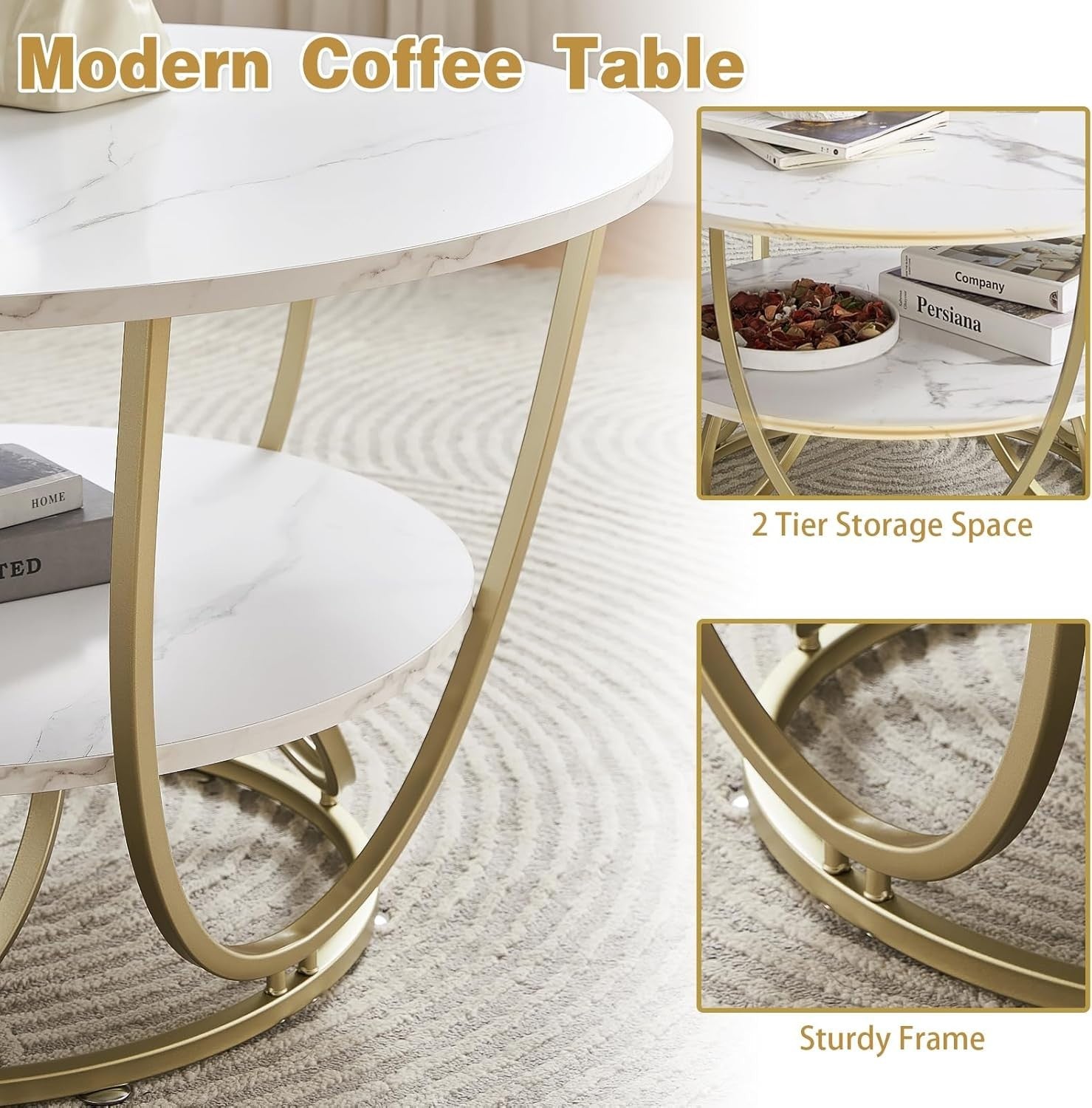 Modern Round Coffee Table White Marble 2-Tier Gold Frame 76x76cm Storage