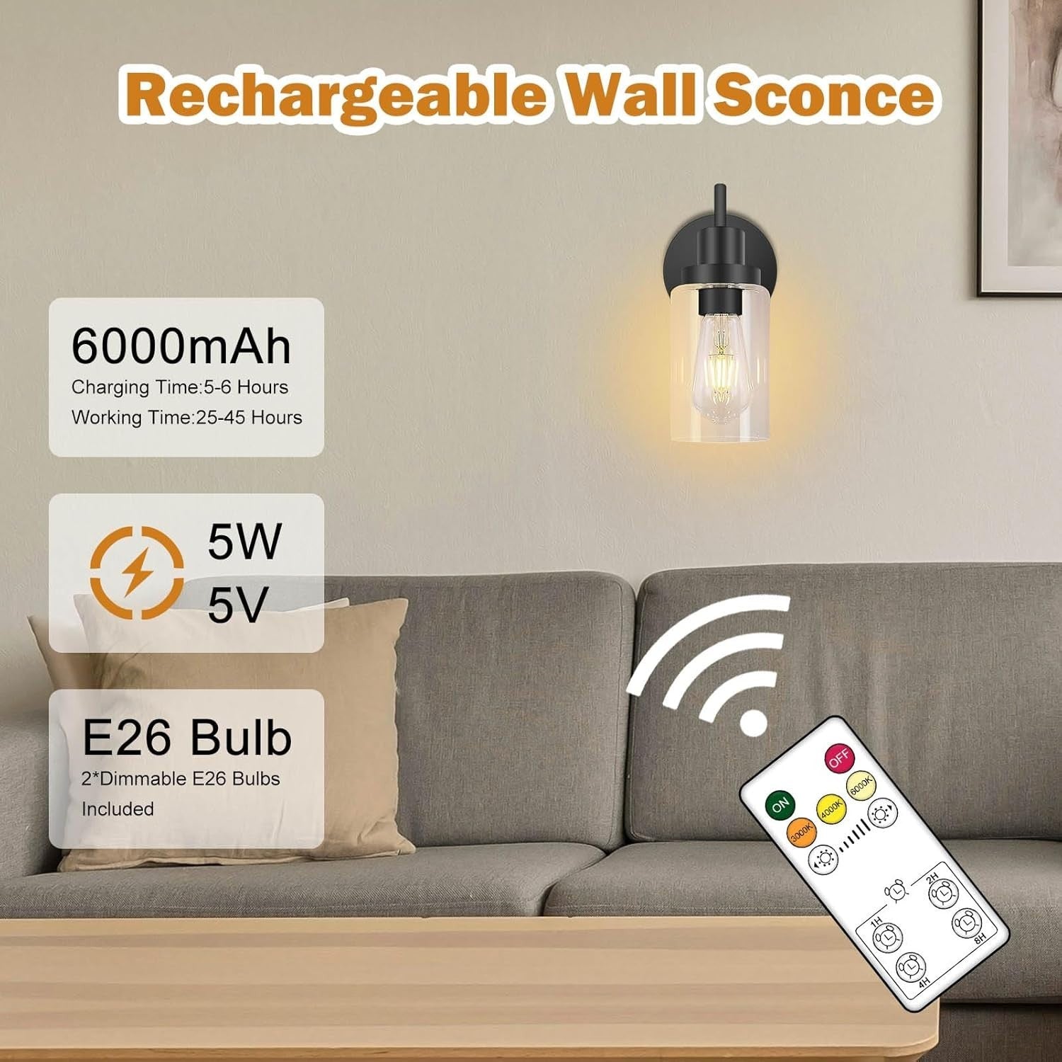 Wireless Rechargeable Wall Sconces 2-Pack, Dimmable 3 Colors, Remote