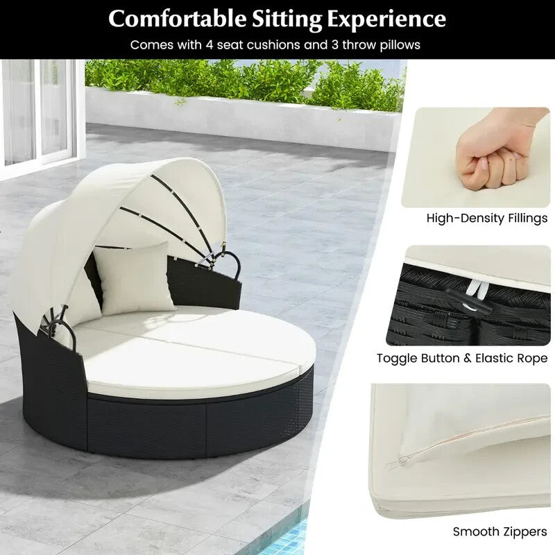 Outdoor Patio Rattan Round Daybed Sun Lounger w/ Retractable Canopy Cushions