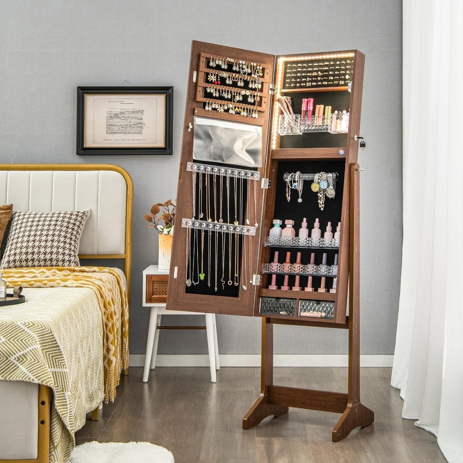 Walnut LED Jewellery Cabinet Full Length Mirror Adjustable Lockable Armoire