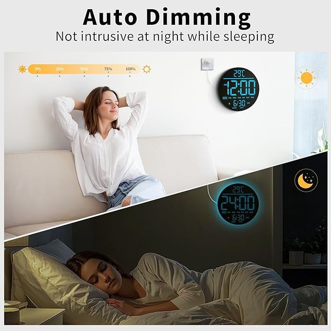 LED Digital Wall Clock 25cm Remote Control RGB Night Light Temp Date Alarm