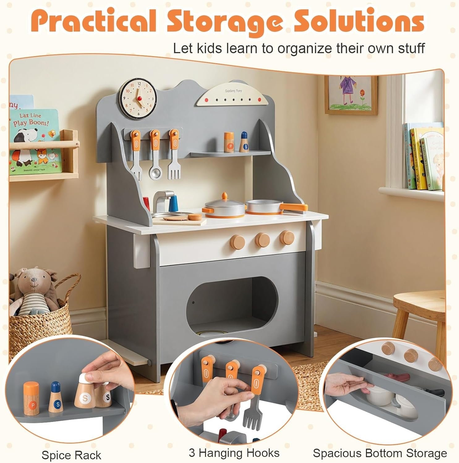 Wooden Kids Play Kitchen Grey Toy Set Stove Sink Oven Accessories