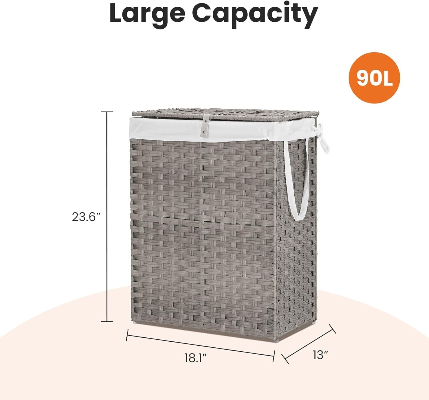 90L Grey Rattan Laundry Basket with Lid Foldable Hamper Removable Liner Handles