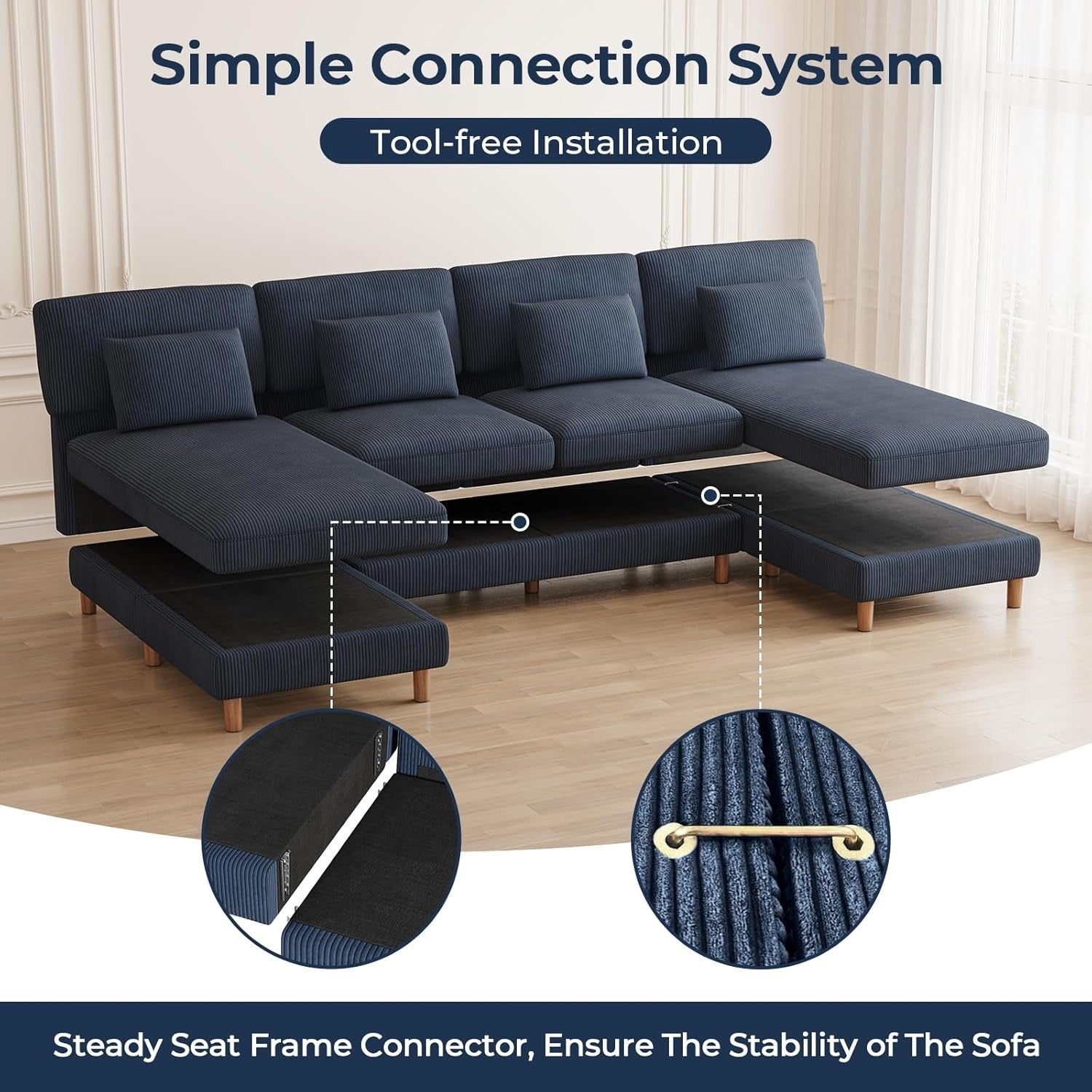 5 Seater U-Shaped Sofa Blue Corduroy with Double Chaise & Washable Covers