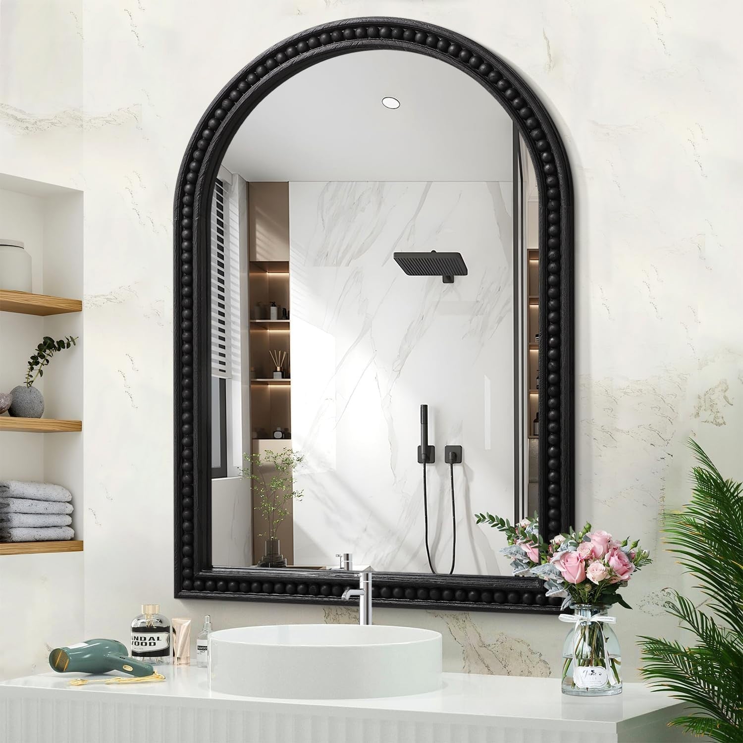 Black Arch Wall Mirror 75x50cm Bathroom Vanity Over Sink Wood Frame