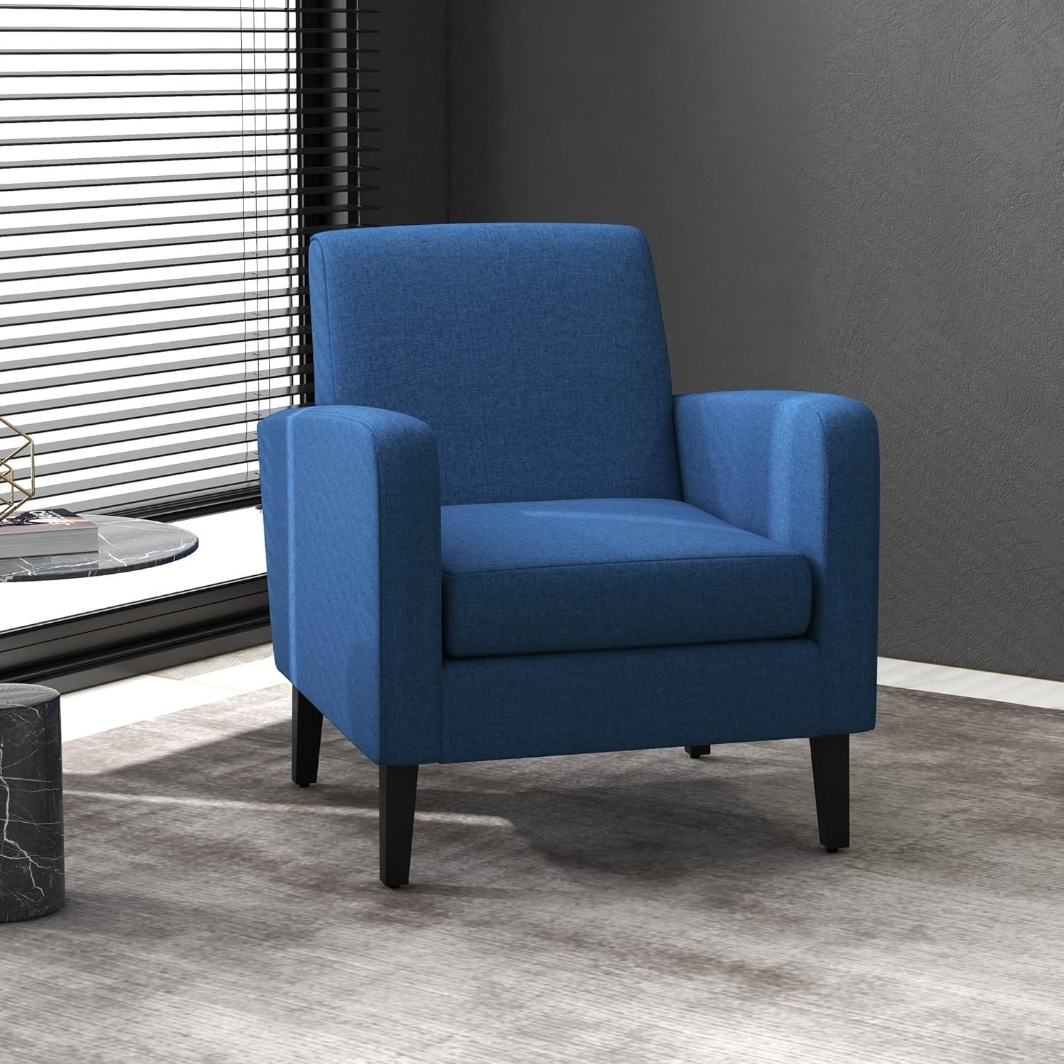 Modern Blue Linen Armchair with Spring Cushion, Wood Legs – Living Room Cozy