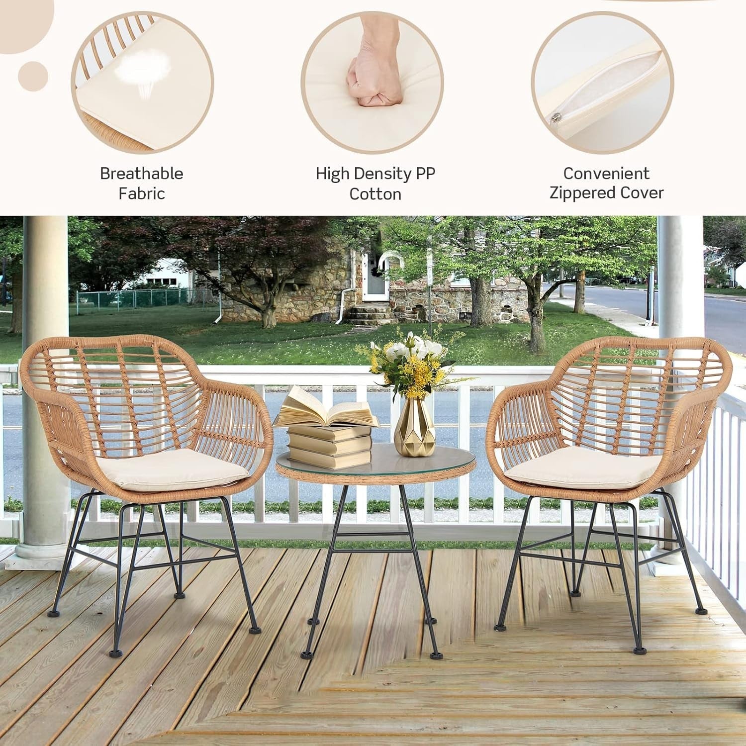 Outdoor Rattan Bistro Chairs Set with Glass Coffee Table Balcony Patio Seating