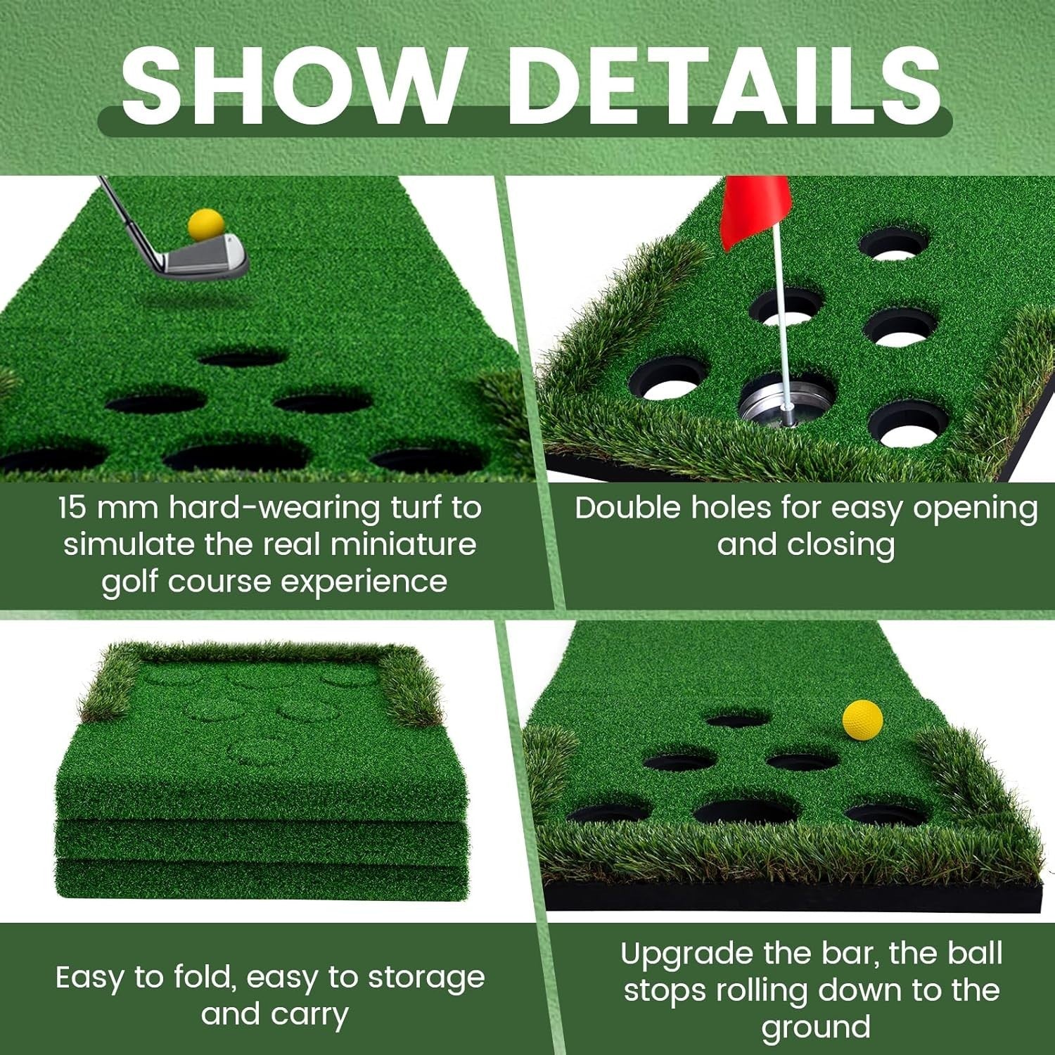 Golf Putting Green Mat Indoor Outdoor Practice Game Set w Putters
