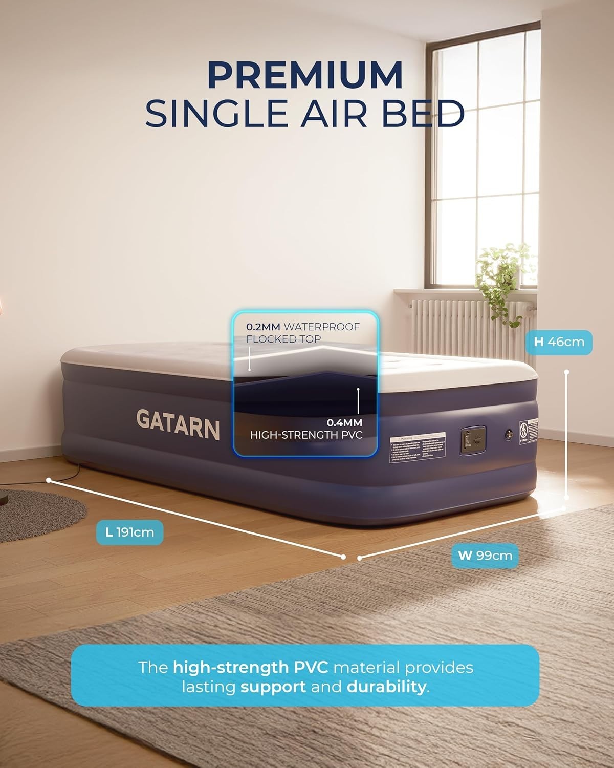 Single Air Mattress with Built-In Electric Pump – Inflatable Bed for Guests & Ca