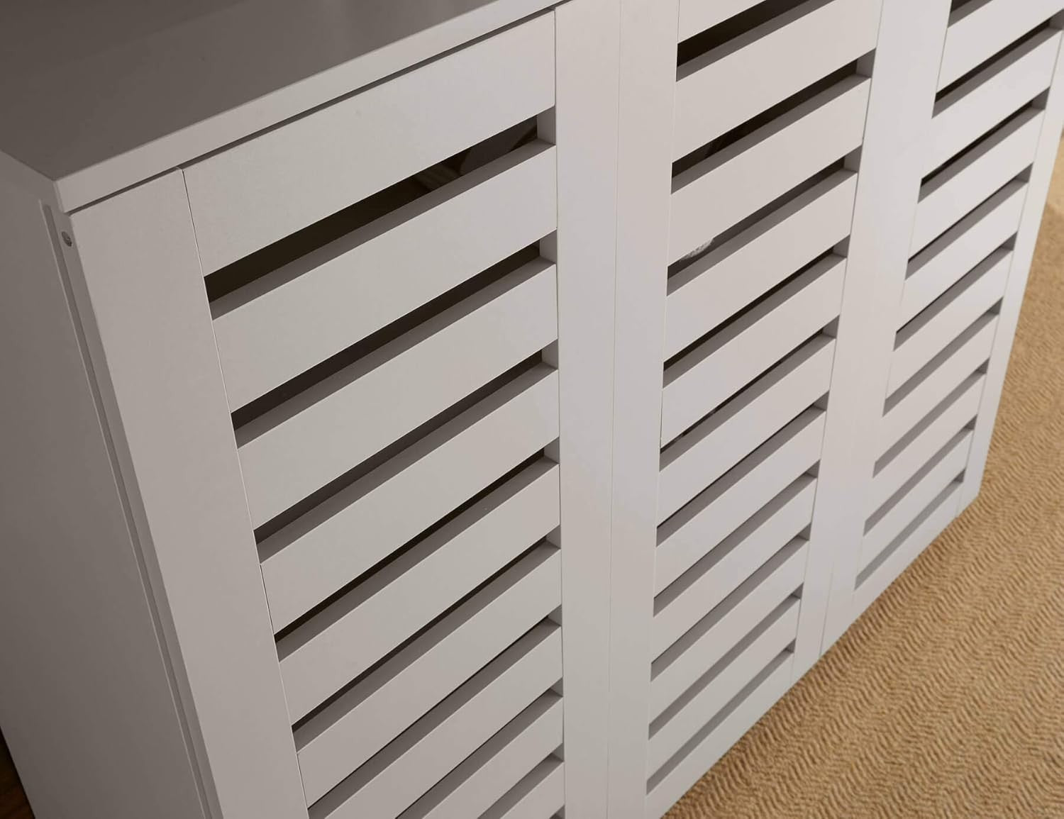 Grey 3 Door Wooden Shoe Cabinet with Slatted Doors, Large Storage Cupboard