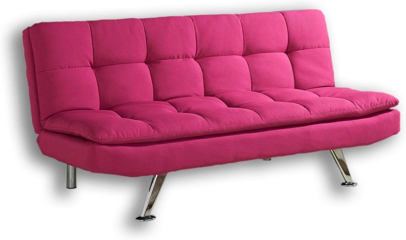 3 Seater Pink Fabric Sofa Bed Modern Click Clack Chrome Legs Compact