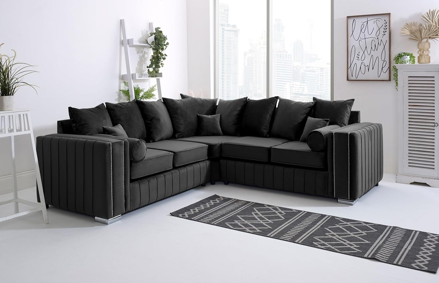Black Velvet Corner Sofa 5 Seater | Foam Cushions | Scatterback | Chrome Legs