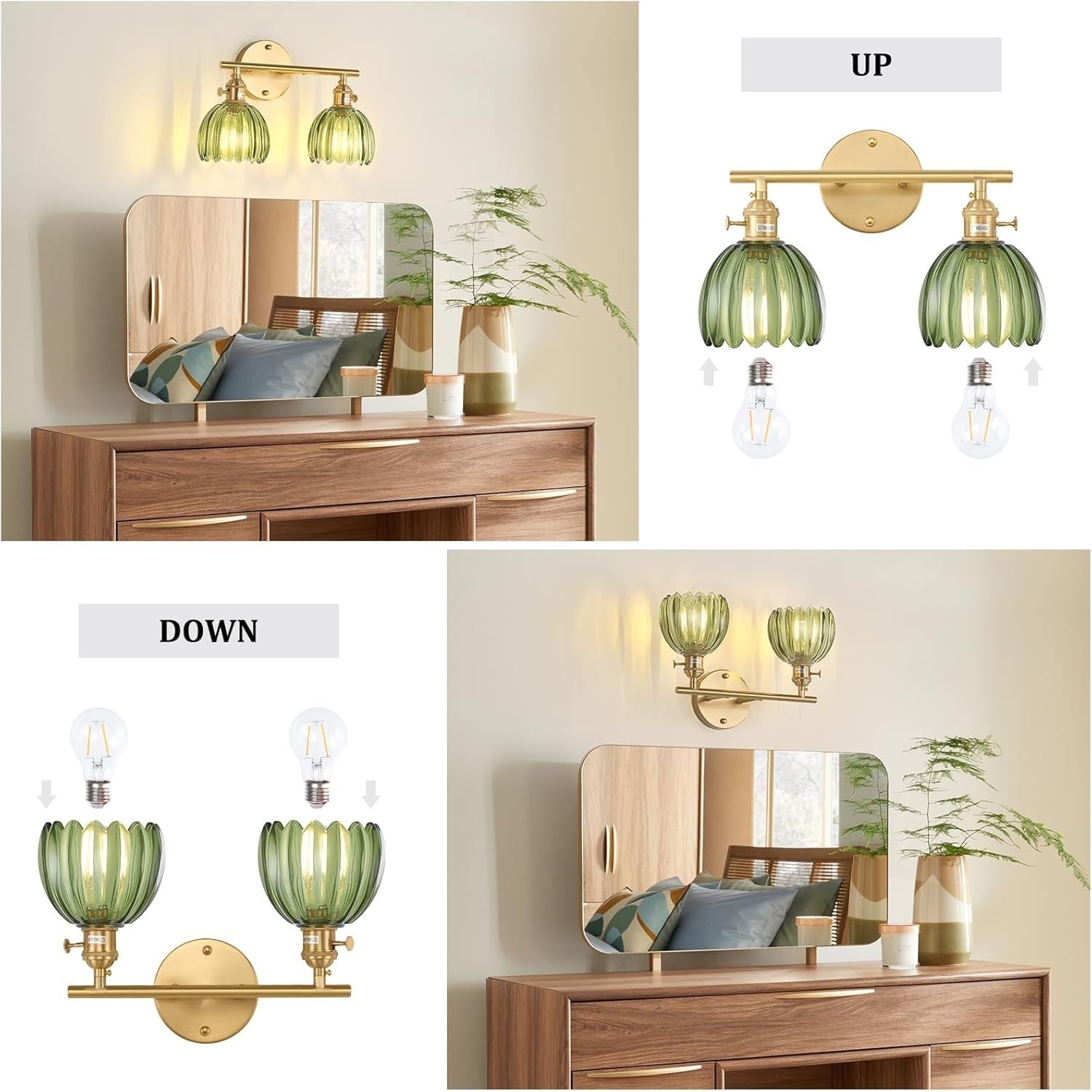 2-Light Green Glass Wall Sconce Vanity Light Brass Fixture for Bathroom