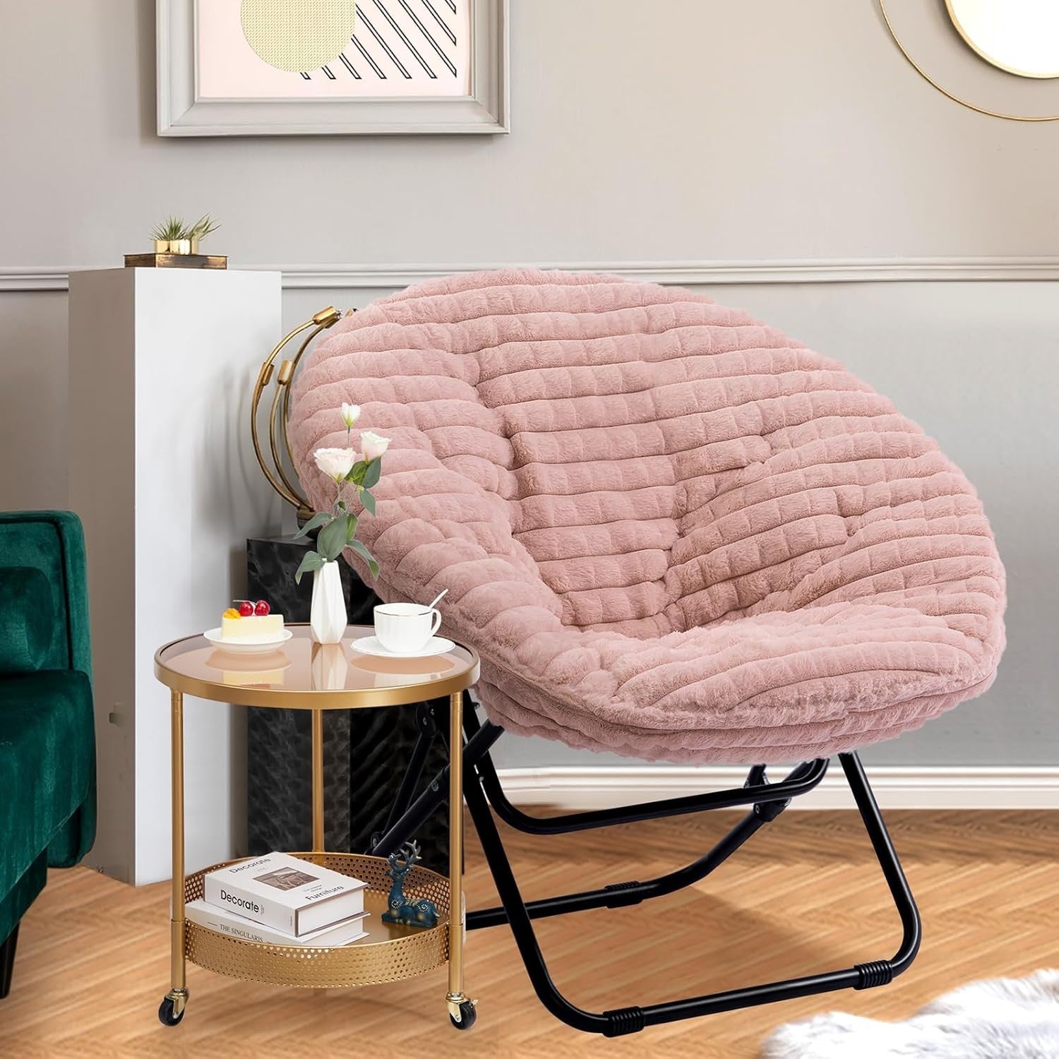 Soft Faux Fur Folding Moon Chair - Portable Lounge Chair for Bedroom, Pink