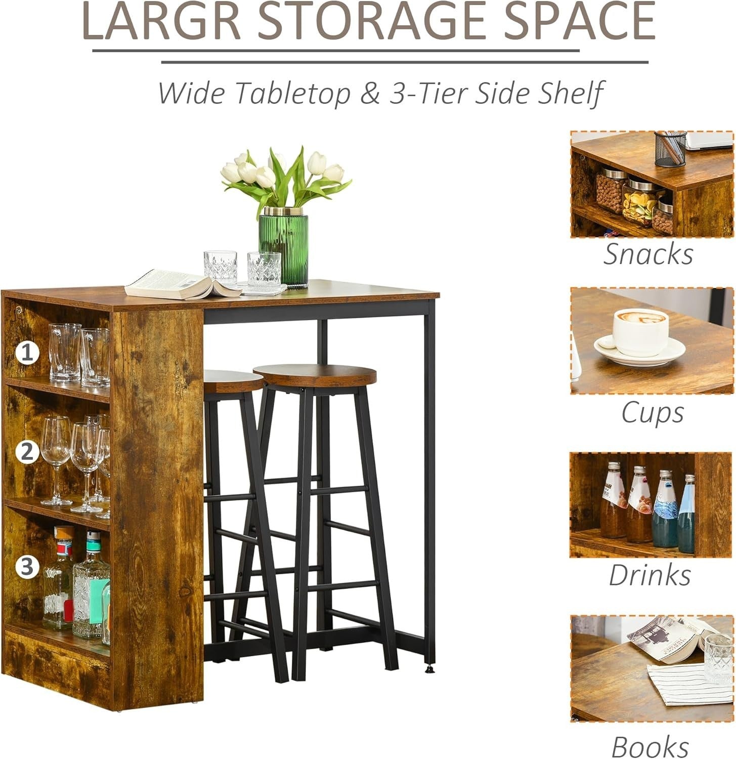 Rustic Brown Industrial Bar Table Set with 2 Stools & Storage Shelf 3-Piece