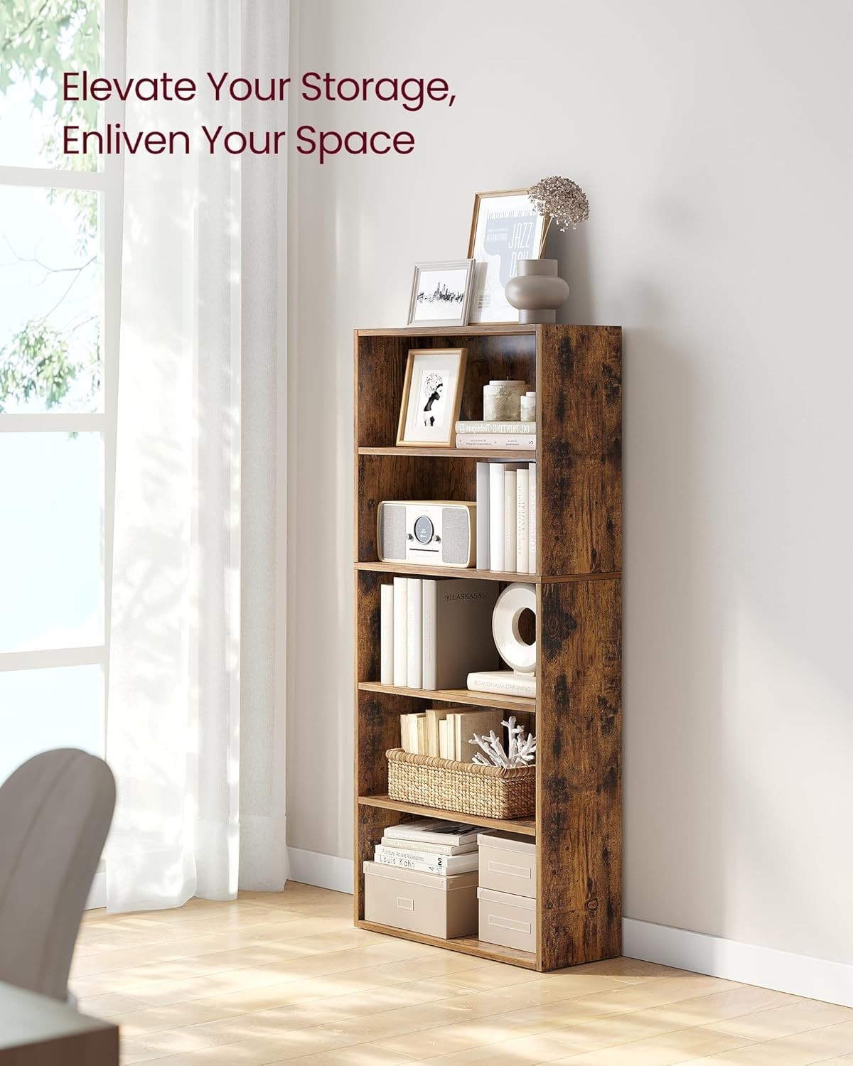 5 Tier Wooden Bookcase Tall Storage Display Book Shelf for Living Room Rustic