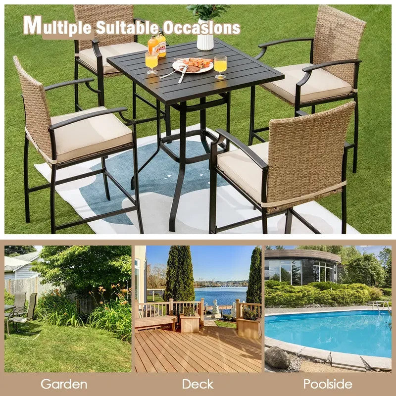 4x Outdoor Rattan Bar Stools with Cushions High Backrest Garden Patio