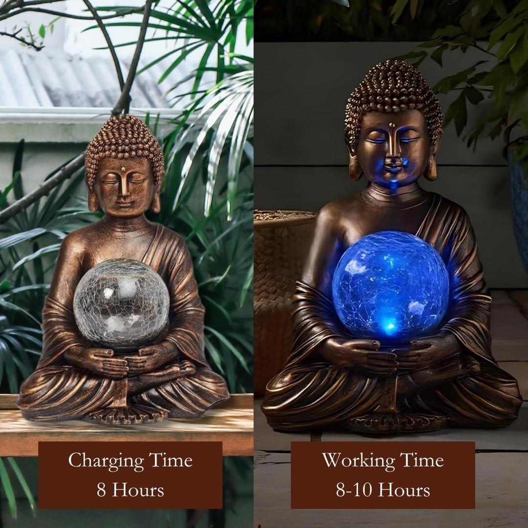 Solar Buddha Garden Statue with LED Crackle Ball Outdoor Zen Patio Ornament