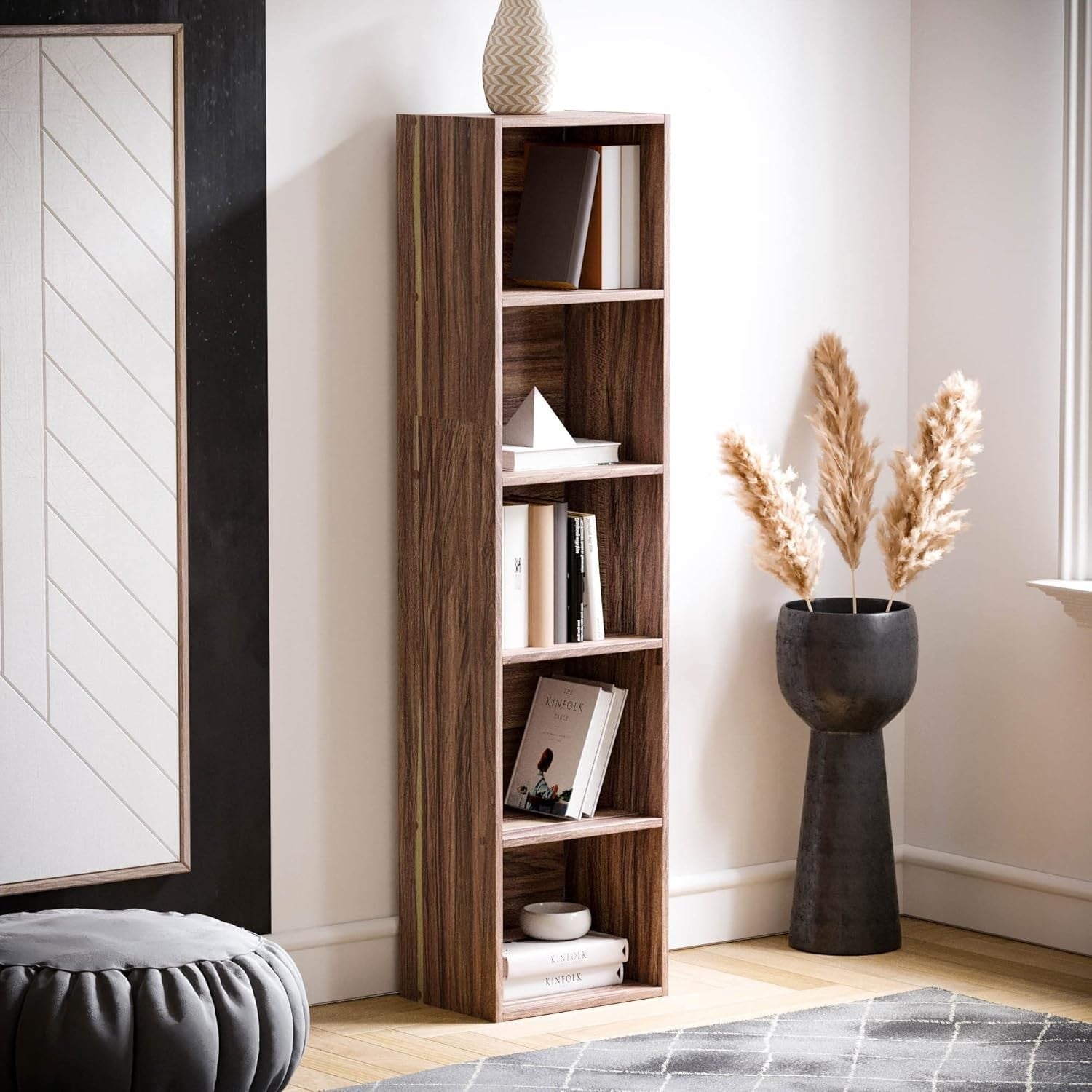 5 Tier Walnut Wooden Cube Bookcase Small Storage Shelf for Living Room Office